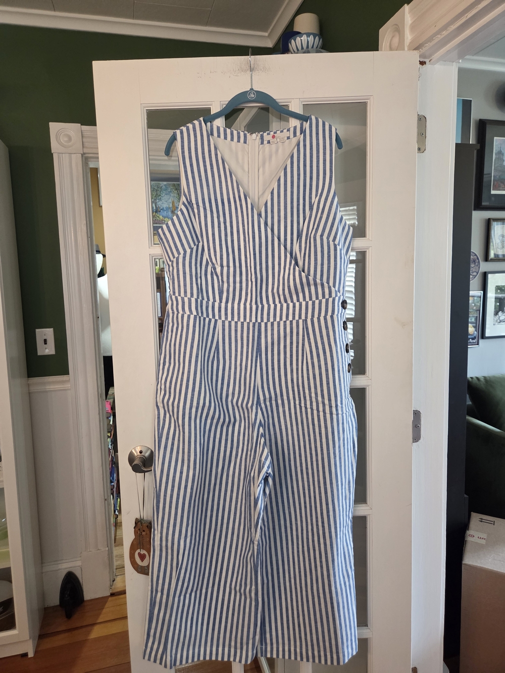 Boden Blue & White Striped Sleeveless Linen Jumpsuit - Size 14R - Picture 3 of 10